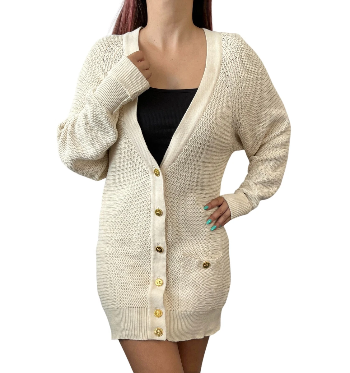 CHANEL Vintage Clover Button Cardigan Ivory Gold Cotton Button Pocket RankAB