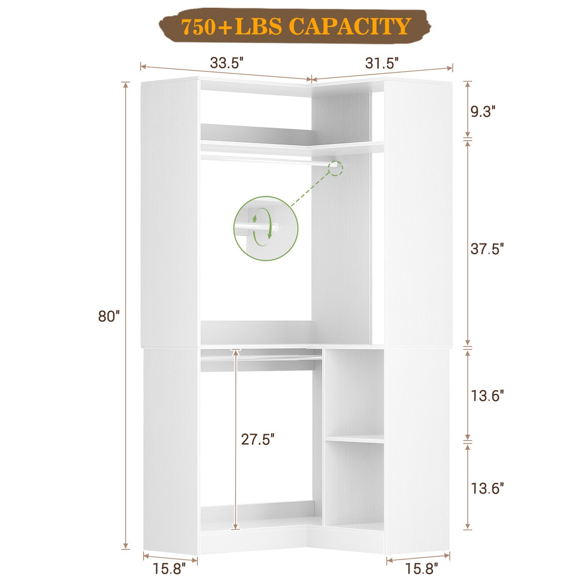 34in Corner Closet System with Shelves ＆ 2 Hanging Rods,Walk-in