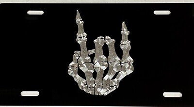 Engraved Skeleton Hand Rock & Roll On Car Tag Diamond Etched Metal License Plate