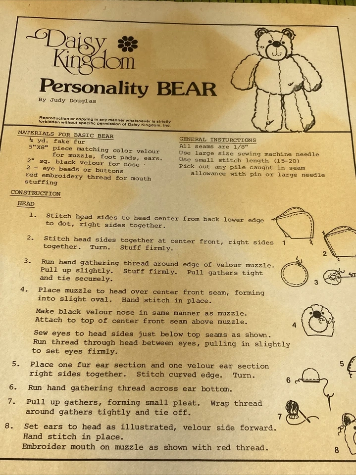 Vintage Daisy Kingdom Personality Bear Sewing Pattern #235 Uncut Judy Douglas - Image 3 of 3