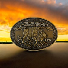 Vintage Buffalo Brass Belt Buckle Running Strong American Indian Youth Bison 97