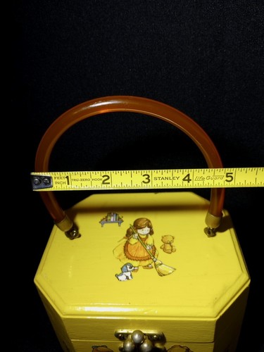 VTG Wooden Purse Handbag Lucite Handle Decoupage Octagonal With Butterfly Clasp - Picture 20 of 21