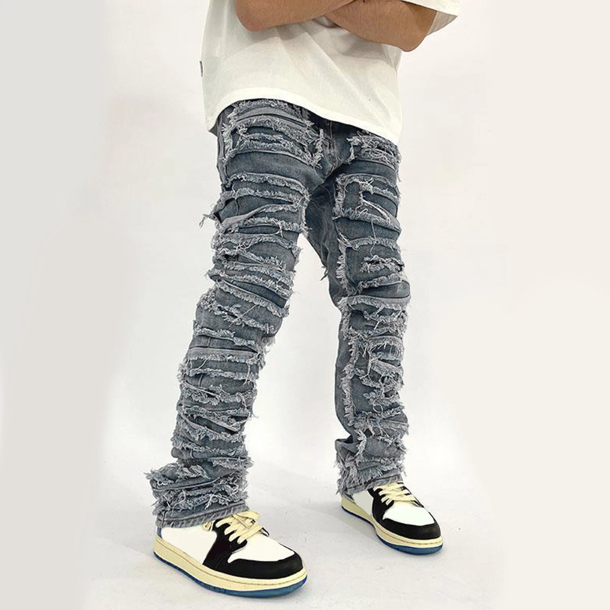 Men High Street Jeans Denim Pant Cat Beard Harlan Patch Made Old