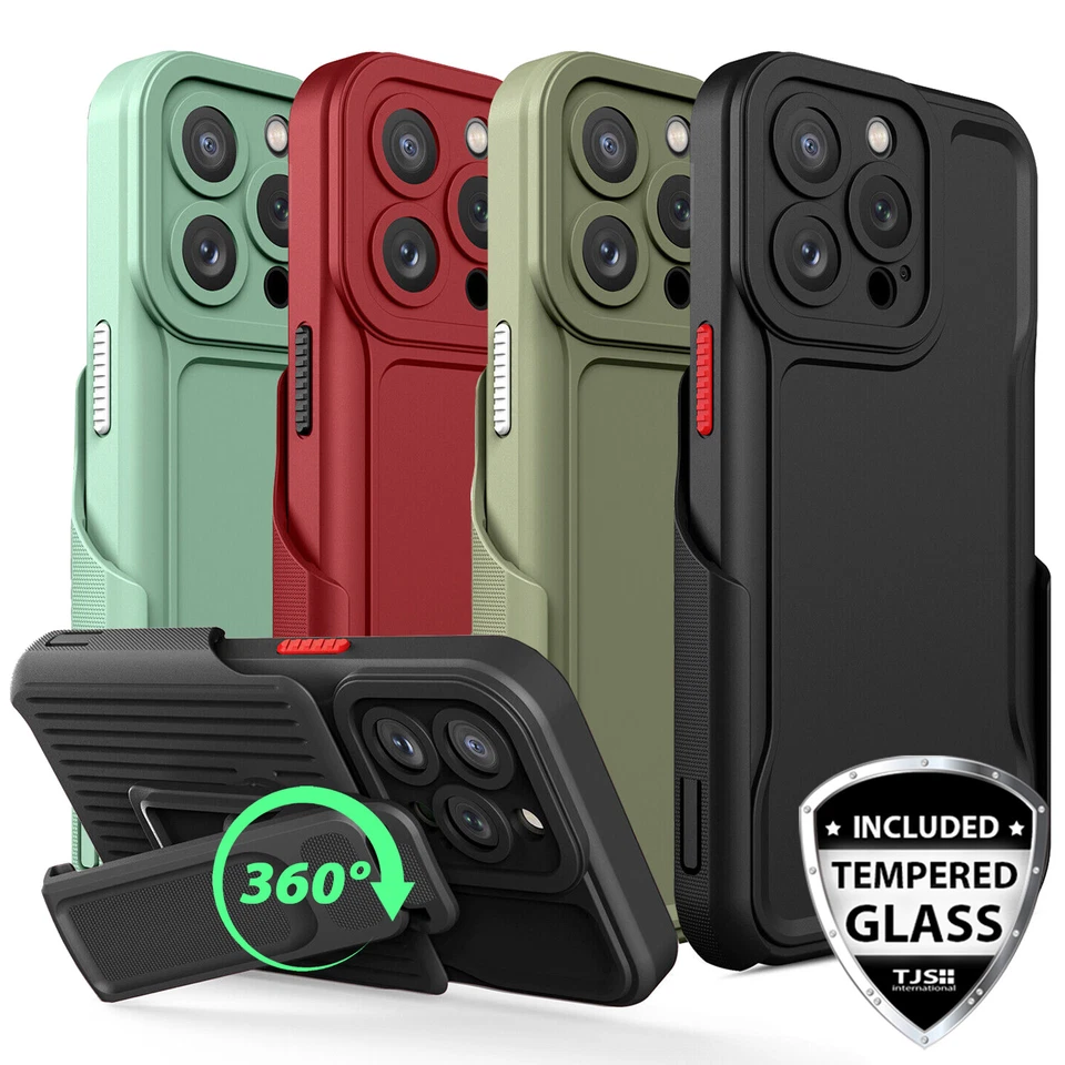 For iPhone 14 13 Pro Max Rugged Heavy Duty Stand Case Belt Clip +Tempered Glass