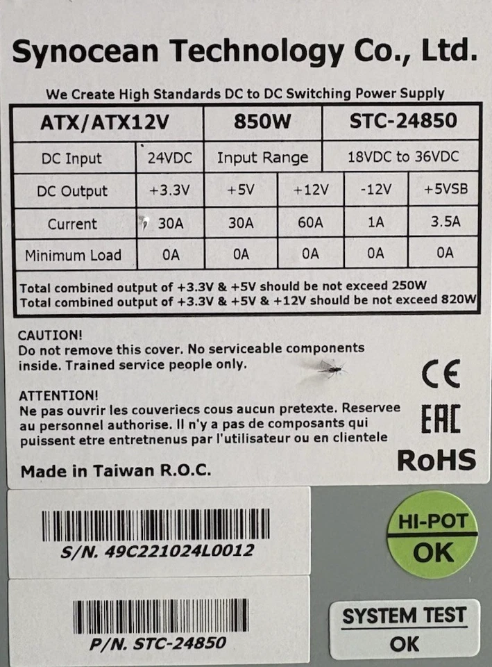 SYNOCEAN STC-24850 24 Volt DC Eingang PC ATX 850W DC ATX Netzteil (18-36VDC) 24V - image 2 of 4