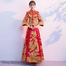 Phoenix Womens Chinese Wedding Dress Embroidery Long Sleeve Beading Cheongsam Sz