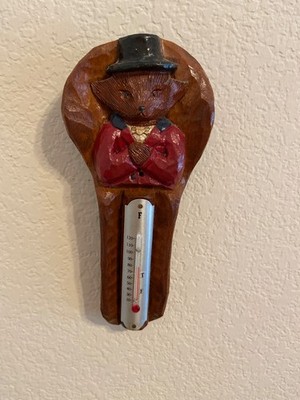 Vintage Thermometer Fox In Top Hat & Red Jacket Wood Hand Carved 7''