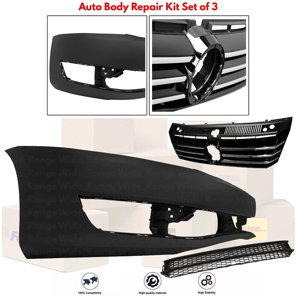 Front Bumper Cover Fascia & Grille Assembly Kit For 2012-2015 Volkswagen Passat - Imagem 2 de 4