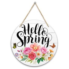 Hello Spring Welcome Door Sign Decor, Vintage Flowers Wooden Hanging Sign,