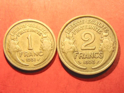 Lot 2 pièces: 1 franc et 2 francs Morlon 1933 Bronze-Alu - Photo 1/2