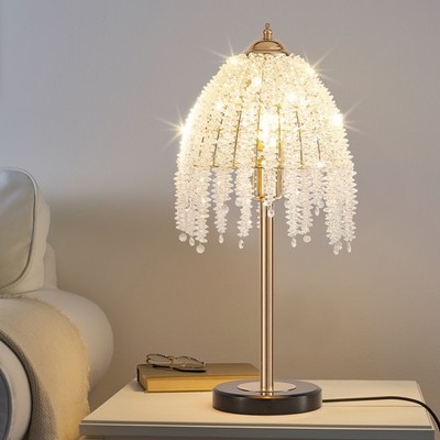 19'' Elegant Table Lamp Vintage Crystal Bead String Shade Gold Bedside Desk Light
