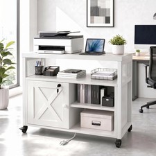 Mobile File Cabinet W/ Charging Station Printer Stand,White
