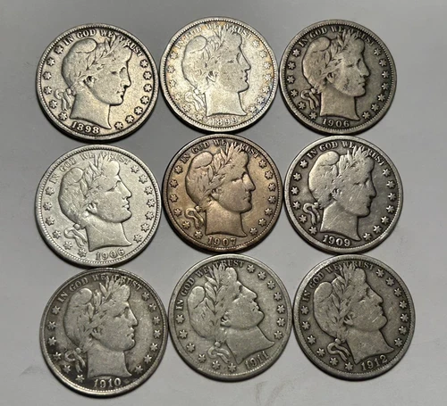 1898 TO 1912 VG-FINE BARBER HALF DOLLAR LOT / 9 COINS