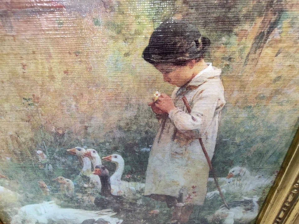 Vintage Art She Loves Me Not Boy Field Geese Luigi Chialiva Framed Print 10 X 12 - Image 3 of 4