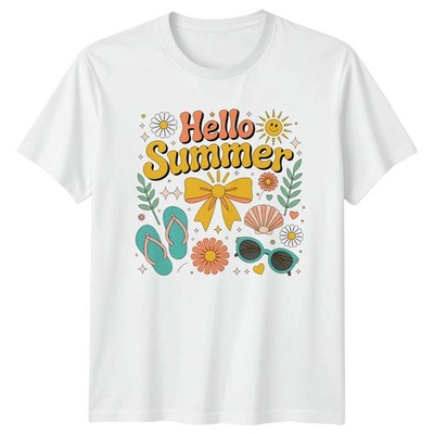 Hello Summer Damen T-Shirt Retro Groovy Sommer Urlaub Geschenk für Sie