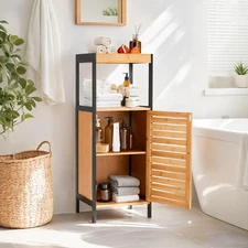 Danrelax 35″ Bamboo Bathroom Cabinet with Sliding Door and Open Top Shelf