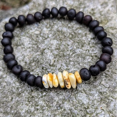 Bracelet perles ambre noir naturel blanc puce élastique cadeau unisexe - Photo 1/3