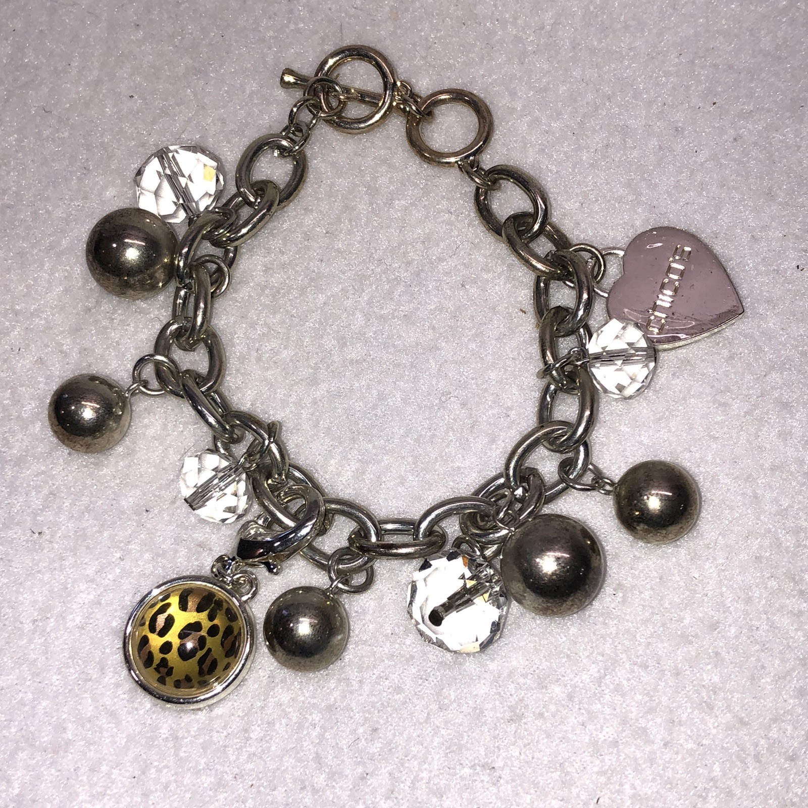 Chicos Silver Tone Charm Bracelet Crystal Beads Ball Dangles Toggle Heart Charm