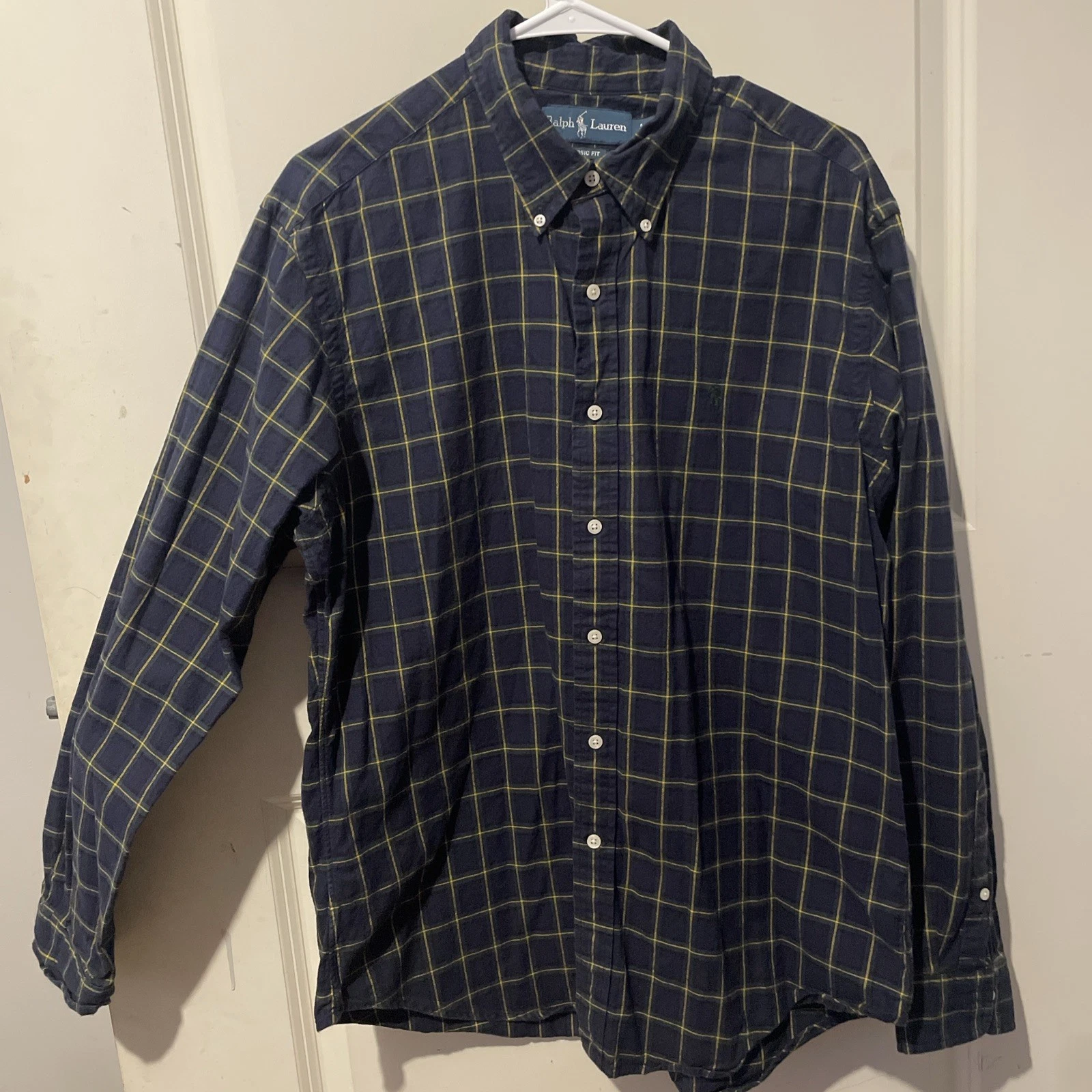 Polo Ralph Lauren Blue Green Cotton Tartan Plaid Casual Shirt Classic Fit Size L