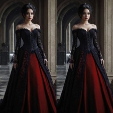 Gothic Red Black Wedding Dresses Off Shoulder Long Sleeves Applique Bridal Gowns