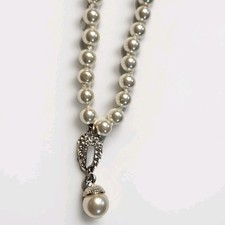 Faux Pearl Necklace Rhinestone Drop Pendant 16  Knotted Bridal Wedding