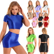 Womens 2Pcs Solid Color Lingerie Set Round Neck Crop Top High Waist Hip Skirt