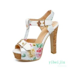 Floral Women's T Strap Sandals High Heels Shoes Peep Toe Platform Shoes Buckles