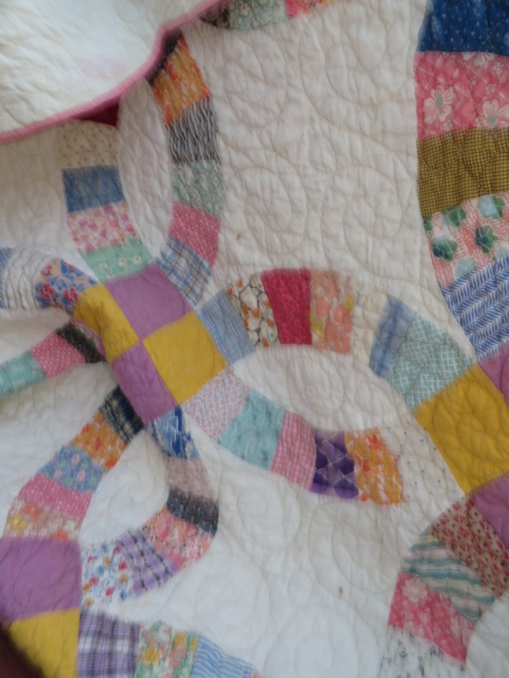 Vintage HandStitched Wedding Ring Quilt MultiColored eBay