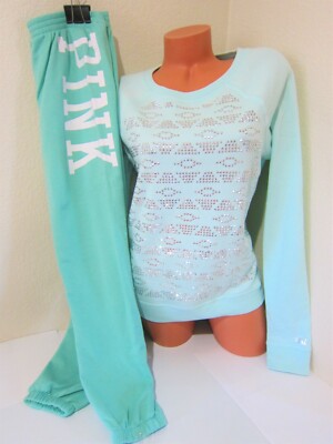 BLING LOT Victoria Secret Pink MINT AZTECT PULLOVER CREW SHIRT SKINNY PANT SET S