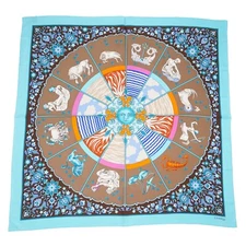 Women's E.Marinella Napoli Aqua Blue and Brown Zodiac Sign Print Silk Scarf