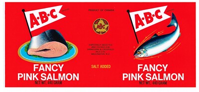 ORIGINAL TIN CAN LABEL VINTAGE SALMON FISHING CANADA NEW ZEALAND ABC 1960S B11