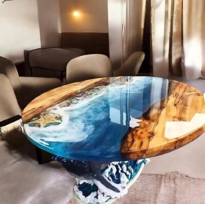 Round Blue Epoxy Resin Tabletop | Ocean Wave Design | Handmade Coastal ...