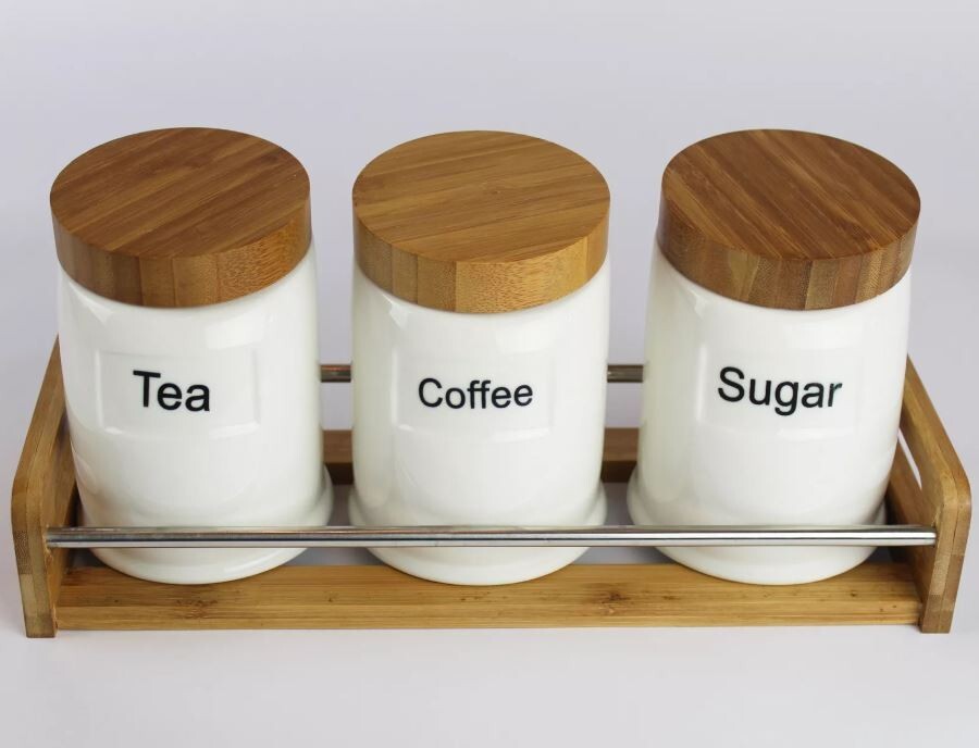 Stylish Kanata Tea Coffee Sugar Canister Set Ceramic Jars Bamboo