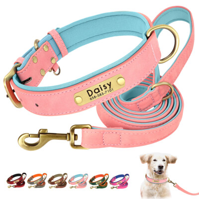 Personalized Dog Collar and Leash Custom Name Engraved Leather Padded  Adjustable