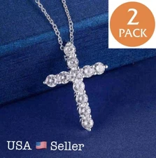 2x Women 925 Sterling Silver CZ Cubic Crystal Cross Pendant Necklace