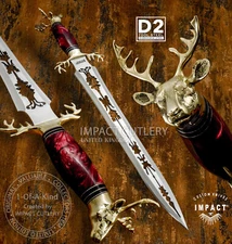 Impact Cutlery Rare Custom  Fuller Art Dagger Knife, 3d Brass Stag Guard and But