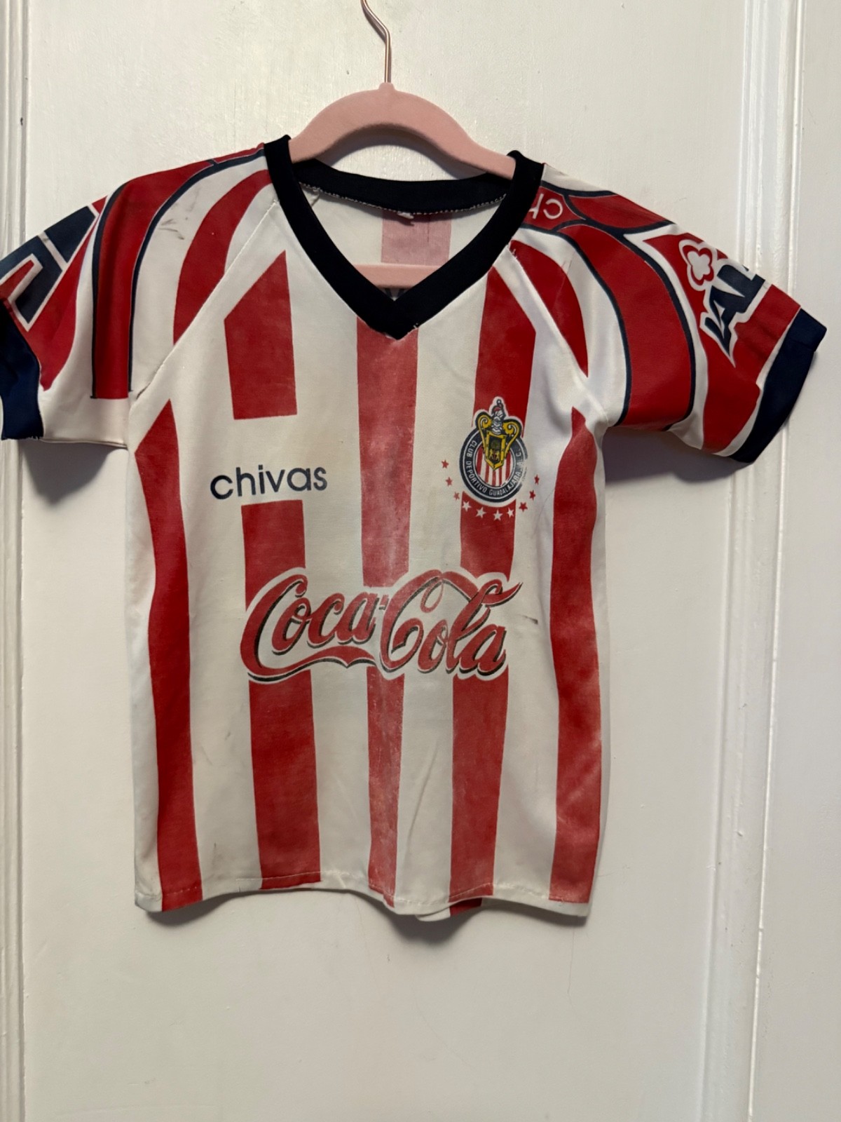 Vtg Chivas de Guadalajara Soccer White/Red Jersey Boys Med Coca-Cola World Cup