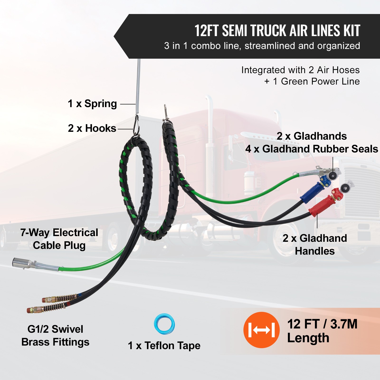 Uimoso 12FT 3-in-1 세미 트럭 에어 라인 키트 (글래드 핸드 2개 및 핸들 포함) 2