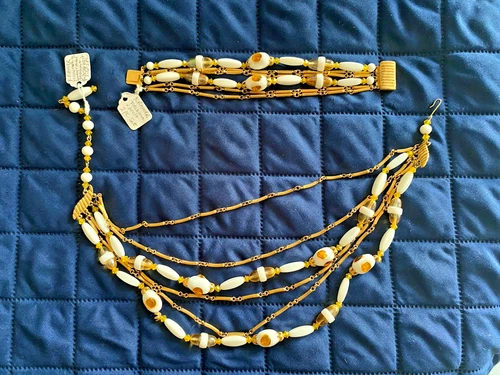 VINTAGE Kramer yellow + gold glass bead necklace + bracelet costume jewelry set