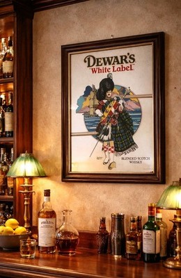 Vintage Original Advertising Dewars White Label Whisky Mirror 1970s Bar Pub Sign