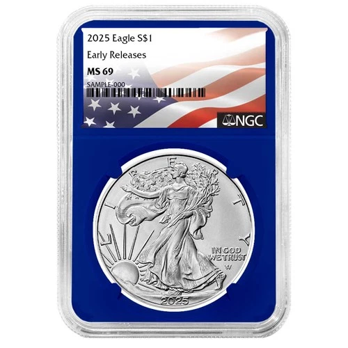 2025 $1 1-oz American Silver Eagle NGC MS69 ER Flag Label Blue Core