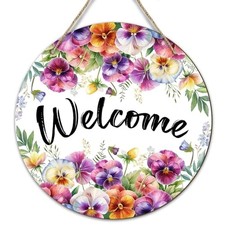 Welcome Sign for Front Door - Spring Red Blue Purple Floral Wooden Hanger