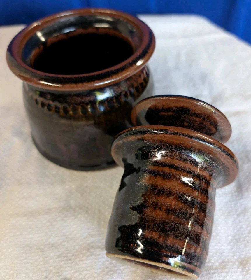 Ручной работы художественная керамика французский масло колокол 4» коричневый фиолетовый глазурь тисненый Makermark - Изображение 4 из 4