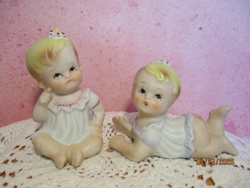 Vintage Ceramic Baby Girls with Bows Figurines - Lot of 2