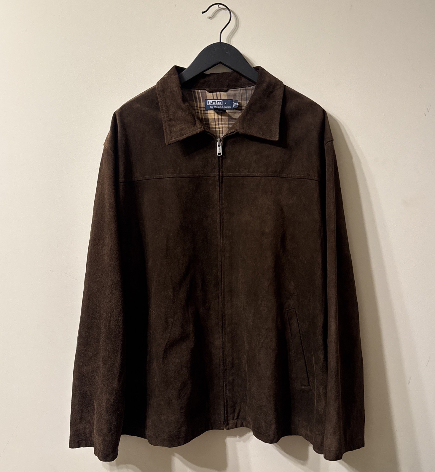 VTG Polo Ralph Lauren Men's Suede Leather Bomber Jacket Brown Plaid Flannel XL
