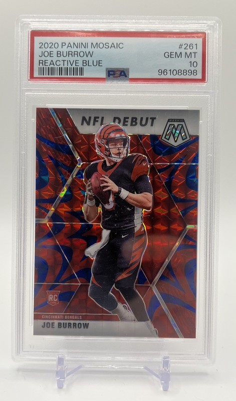 2020 Panini Mosaic NFL Debut Reactive Blue #261 Joe Burrow Rookie Card PSA 10