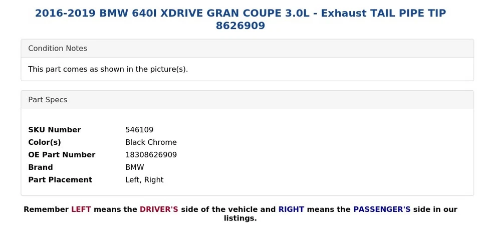 BMW 640I XDRIVE 2016-2019 gran cupé 3,0 L - punta de tubo de escape 8626909 Foto 4 de 4