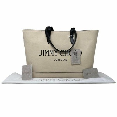 New Jimmy Choo Beige Printed Logo Canvas Tote