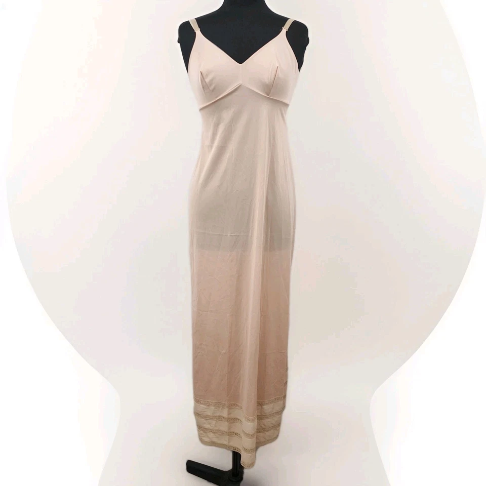 Maxi Deslizamiento Completo Vintage Años 70 Gossard Artemis Tostado Desnudo Antrón Nylon Encaje Ribete Talla 36 Foto 3 de 4