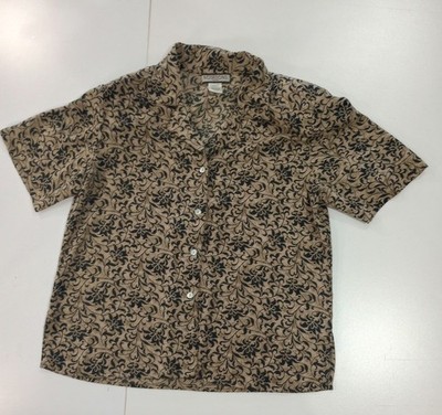 Notations Petite Womens Brown Black Floral Short Sleeve Shoulder Pads Button Med
